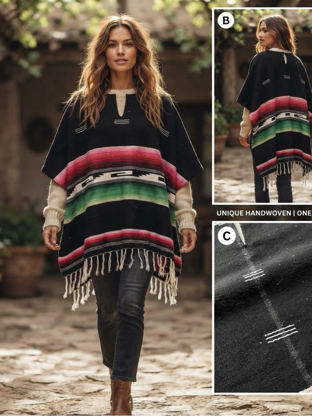 Handwoven Unisex Style Serape Poncho - Unique Black & Multi-Color Men & women